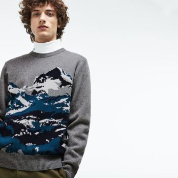 Lacoste Crew Neck Alpine Print Wool And Bomull Jacquard Genser Grå Grønn Blå Hvite | Dh4XUDcp