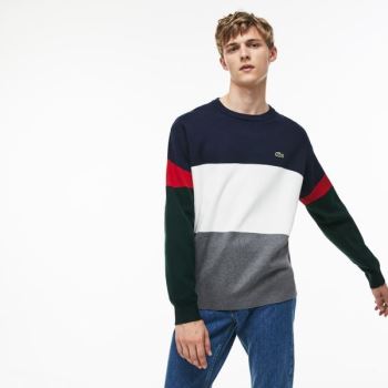 Lacoste Crew Neck Colorblock Flate Ribbed Bomull Genser Grå Hvite Blå Rød Grønn | iGFopL0n