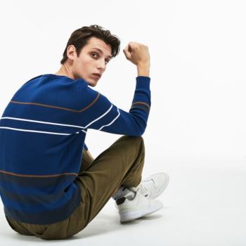 Lacoste Crew Neck Multicolor Striped Milano Bomull Genser Marineblå Blå Blå Brune Hvite | PDeU6eSn