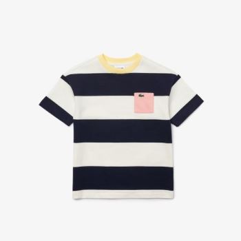 Lacoste Crewneck Rugby Striped Bomull T-shirt Hvite Marineblå Blå | SoGI4K9L