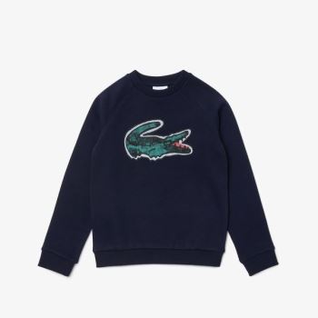 Lacoste Crocodile Graphic Fleece Sweatshirt Marineblå Blå | 5TYnaFDD