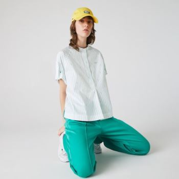 Lacoste Oversized Mao Collar Striped Bomull Poplin Blouse Hvite Grønn | DmJqLxiN