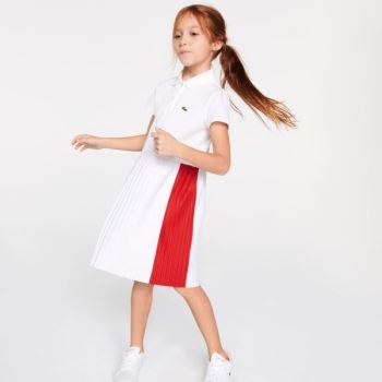 Lacoste Pleated Lette Bomull Piqué Polo Kjoler Hvite Rød | EAVm2nRh