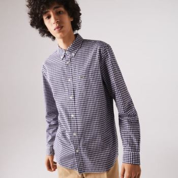 Lacoste Regular Fit Gingham Bomull Poplin Shirt Hvite Marineblå Blå | daGeWrz1