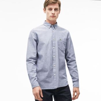 Lacoste Regular Fit Oxford Bomull Shirt Marineblå Blå Hvite | qPTMBlQD