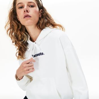 Lacoste Signature Brede Hette Fleece Sweatshirt Hvite | CFzanzRq