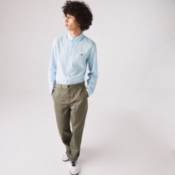 Lacoste Slim Fit Chevron Linen And Bomull Shirt Blå Hvite | eKFEpiOb