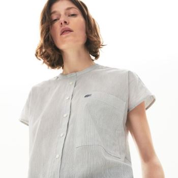 Lacoste Striped Linen And Bomull Blend Shirt Hvite Marineblå Blå | 7h2sCd3I