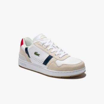 Lacoste T-Clip Tricolour Lær and Semsket Skinn Sneakers Hvite Beige | 5NEUfCwC