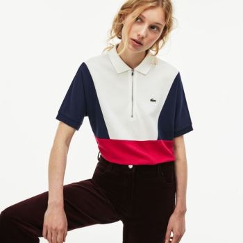 Lacoste Zip Neck Colorblock Terrycloth Piqué Polo Hvite Marineblå Blå Rød | hiQp9tqt