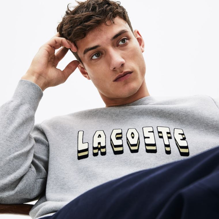 Lacoste 3D-Lettering Crewneck Bomull Blend Genser Grå | 5hTeqbcO