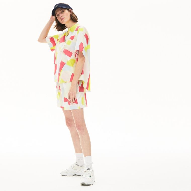 Lacoste Abstract-Print Bomull Blend Blouse Gul Hvite | JtvLgHd7