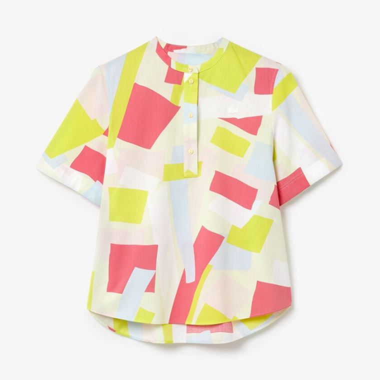 Lacoste Abstract-Print Bomull Blend Blouse Gul Hvite | JtvLgHd7