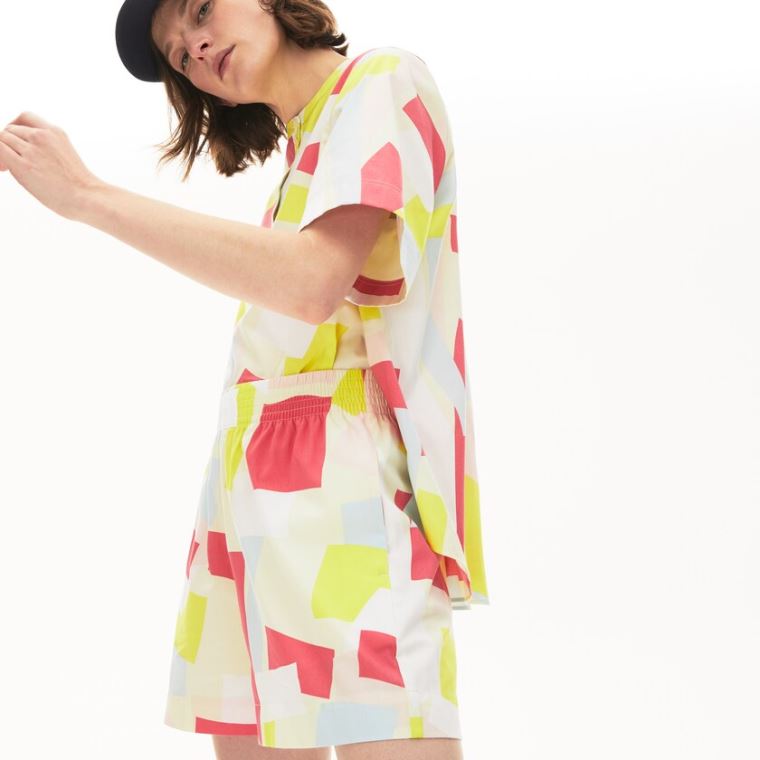 Lacoste Abstract-Print Bomull Blend Blouse Gul Hvite | JtvLgHd7