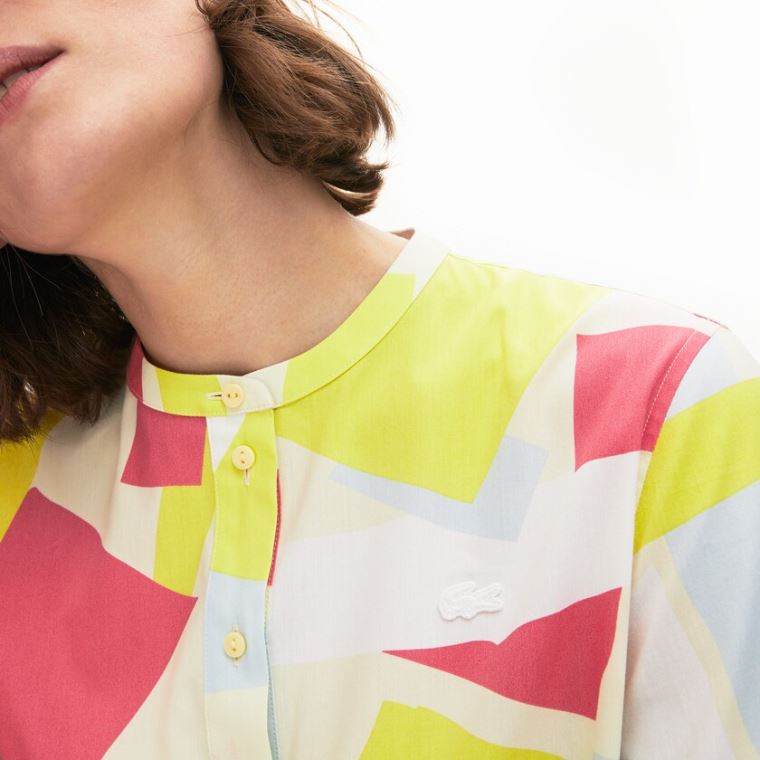 Lacoste Abstract-Print Bomull Blend Blouse Gul Hvite | JtvLgHd7