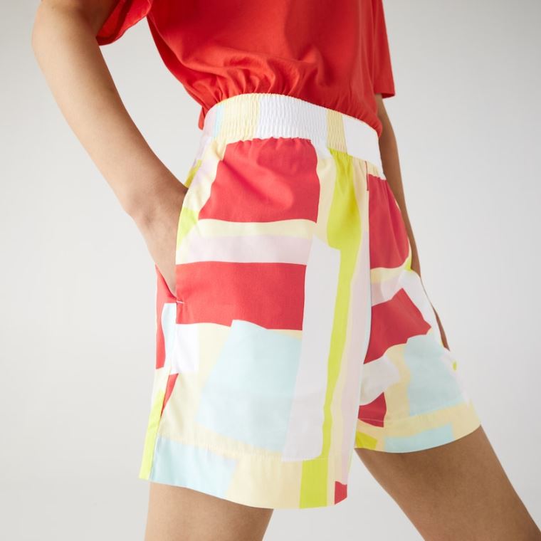 Lacoste Abstract-Print Bomull Poplin Shorts Gul Hvite | xPZzWoOz