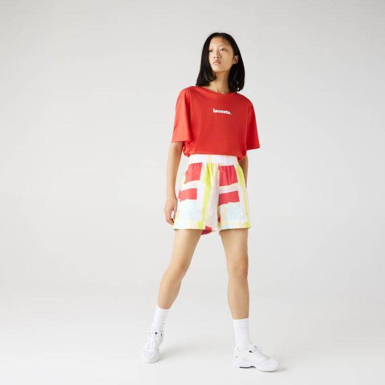 Lacoste Abstract-Print Bomull Poplin Shorts Gul Hvite | xPZzWoOz