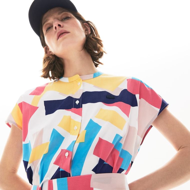 Lacoste Abstract-Print Shirtdress Hvite | ivr05zcO