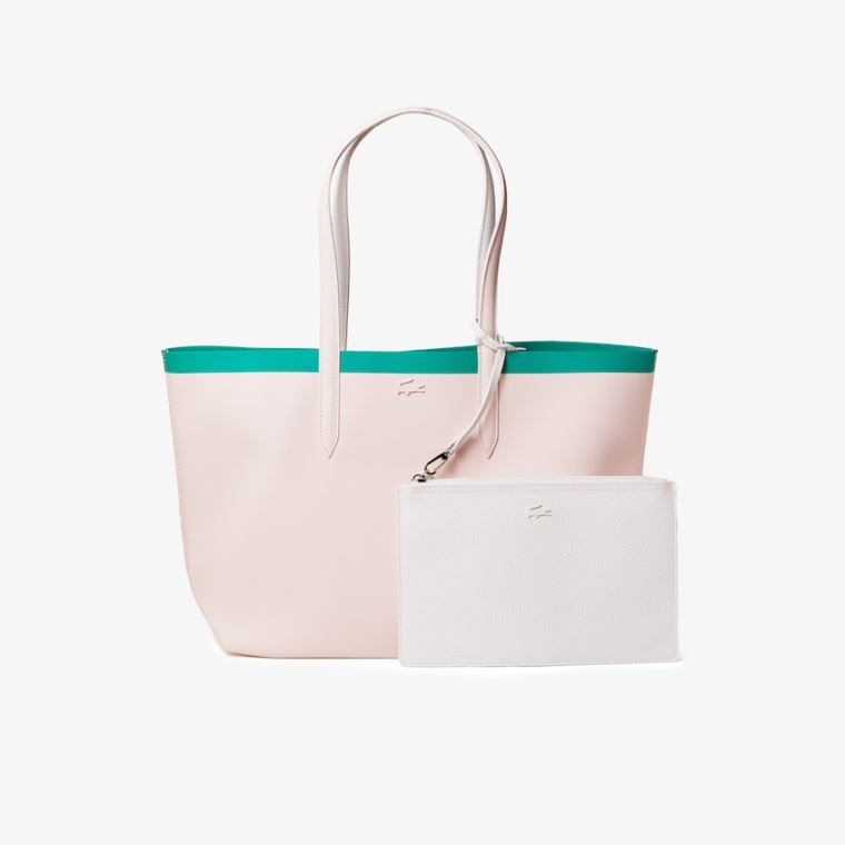 Lacoste Anna Reversible Contrast Band Coated Canvas Tote Bag Rosa Hvite | FKD49q5p