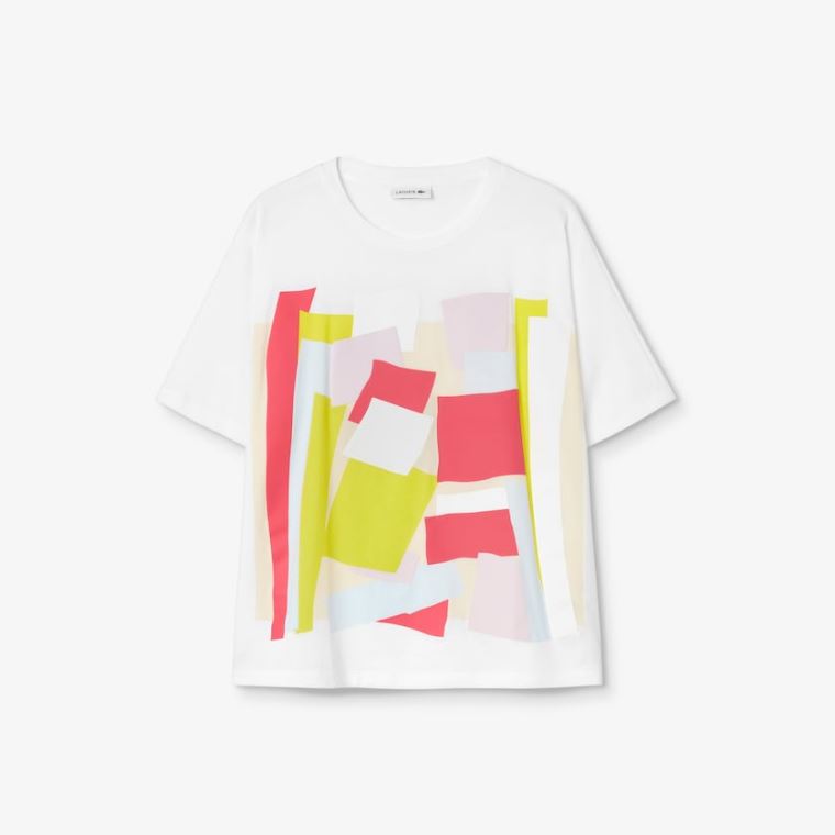 Lacoste Art-Print Bomull T-Shirt Hvite | AnWRFhz2