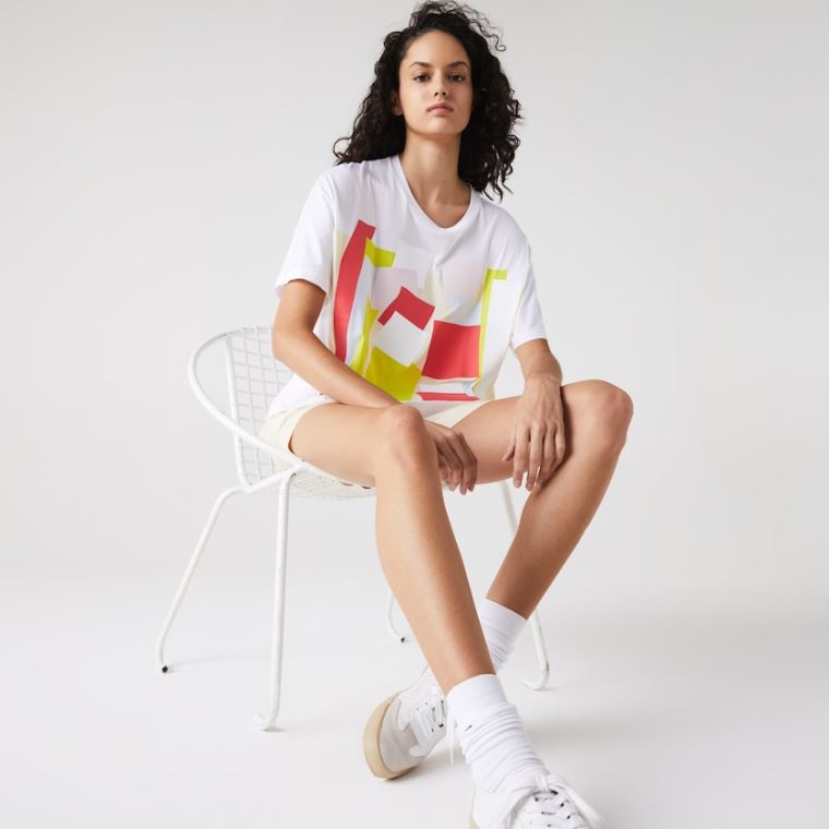 Lacoste Art-Print Bomull T-Shirt Hvite | AnWRFhz2