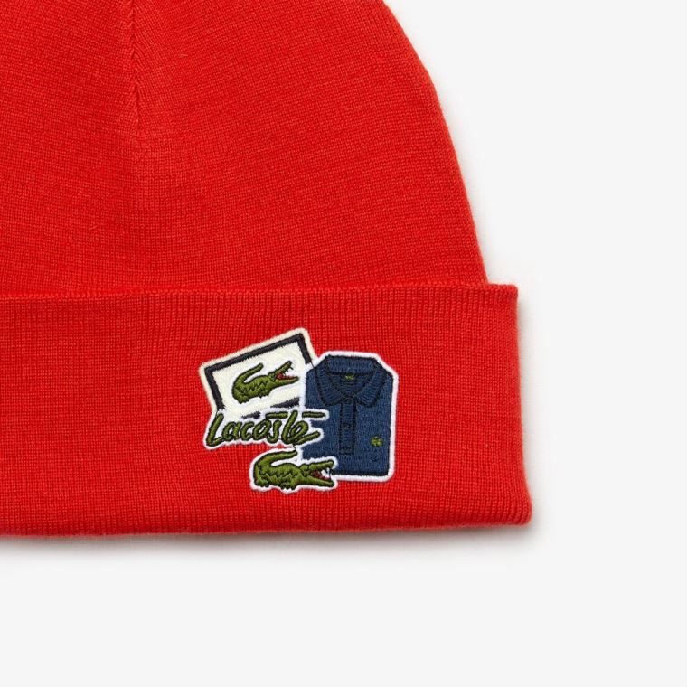 Lacoste Badge Ribbed Wool Beanie Rød | bdh0jLhE