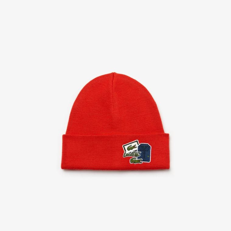 Lacoste Badge Ribbed Wool Beanie Rød | bdh0jLhE