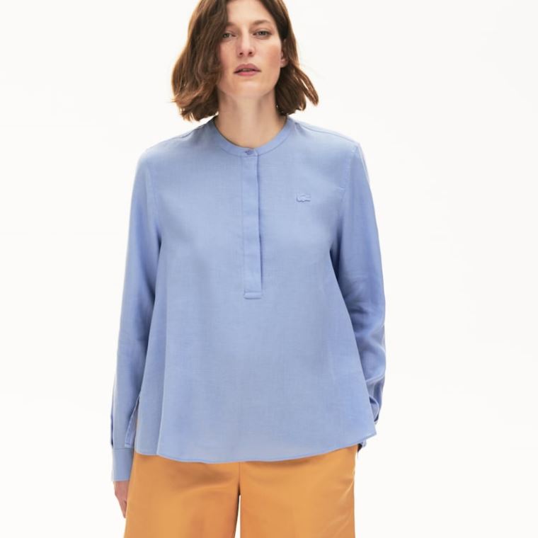 Lacoste Buttoned Mao Collar Linen Blouse Lilla | kVr4t2nn