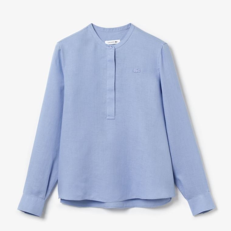 Lacoste Buttoned Mao Collar Linen Blouse Lilla | kVr4t2nn