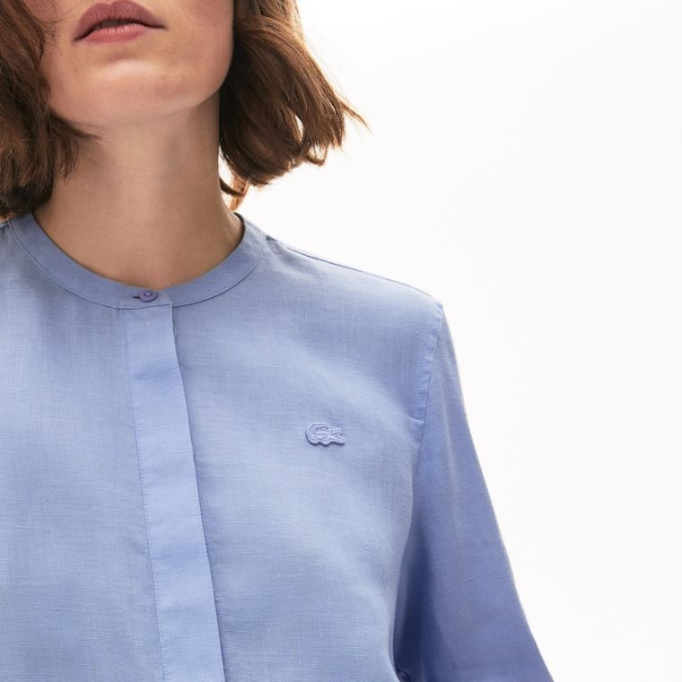 Lacoste Buttoned Mao Collar Linen Blouse Lilla | kVr4t2nn