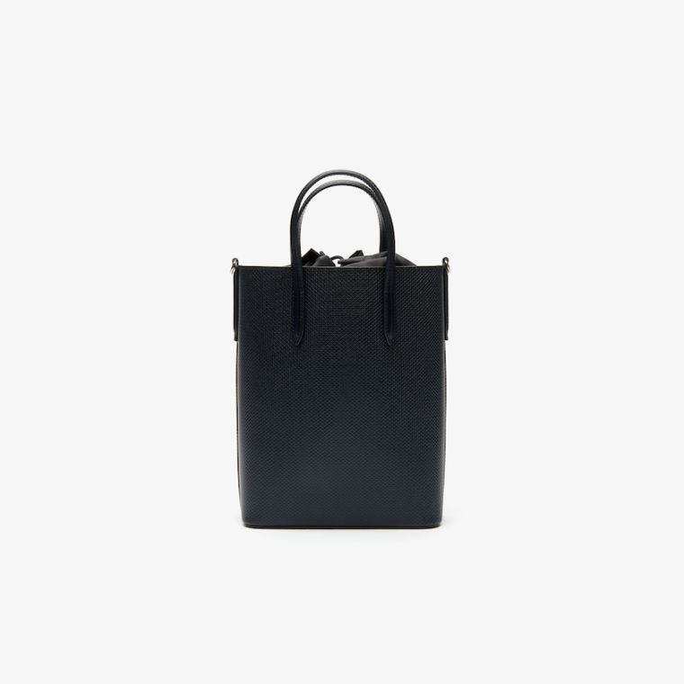 Lacoste Chantaco Branded Lær Vertical Tote Svarte | dIs8XI83