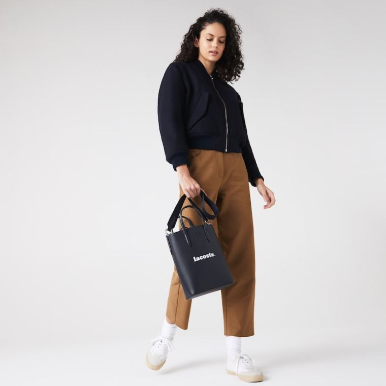 Lacoste Chantaco Branded Lær Vertical Tote Svarte | dIs8XI83