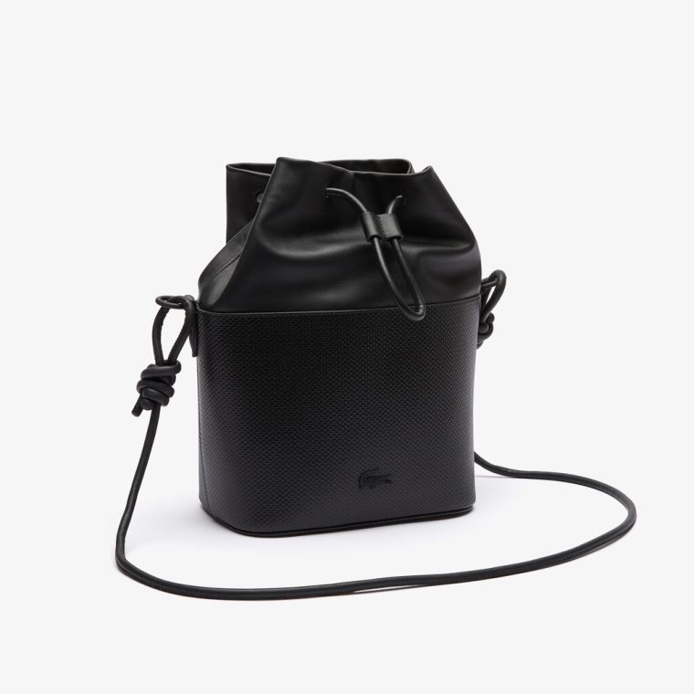 Lacoste Chantaco Matte Piqué Lær Drawstring Bucket Bag Svarte | 48Hi5Oof