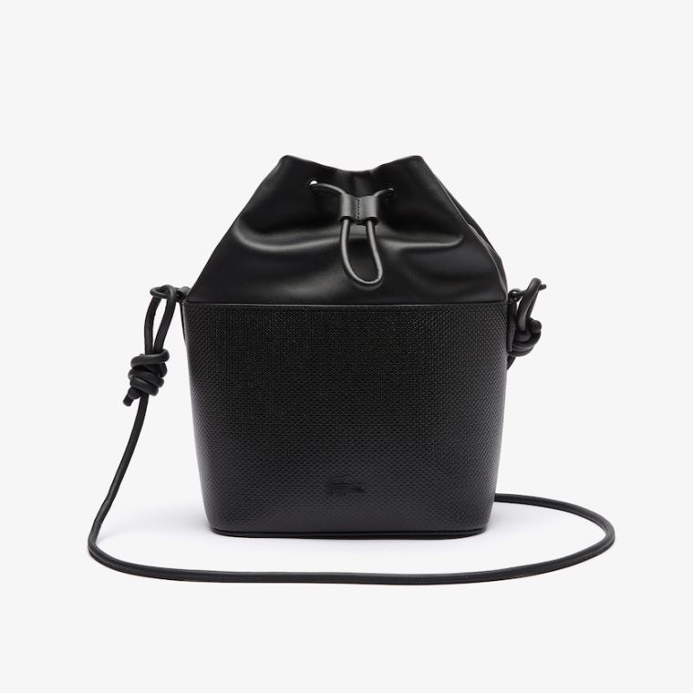 Lacoste Chantaco Matte Piqué Lær Drawstring Bucket Bag Svarte | 48Hi5Oof