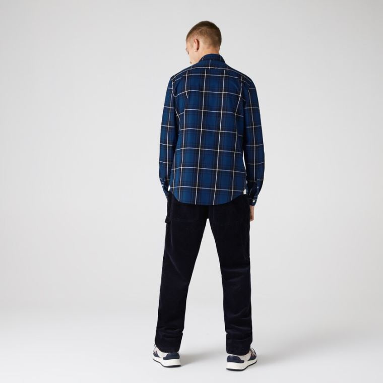 Lacoste Checked Slim Fit Stretch Bomull Poplin Shirt Blå Svarte Hvite | V5PMP3hI