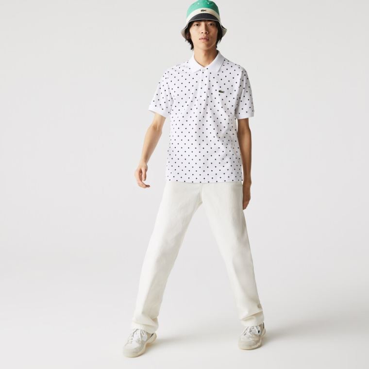 Lacoste Classic Fit Polka Dot Bomull Piqué Polo Hvite Marineblå Blå | R7sYgpyu