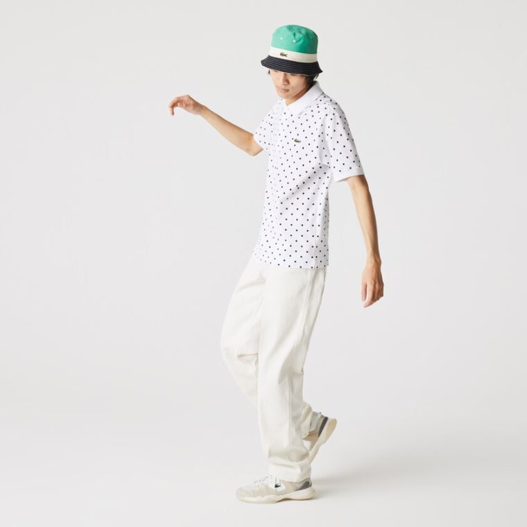 Lacoste Classic Fit Polka Dot Bomull Piqué Polo Hvite Marineblå Blå | R7sYgpyu