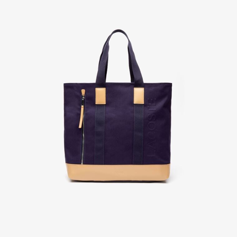 Lacoste Classic Lær and Canvas Tote Bag Marineblå Brune | toND71pZ