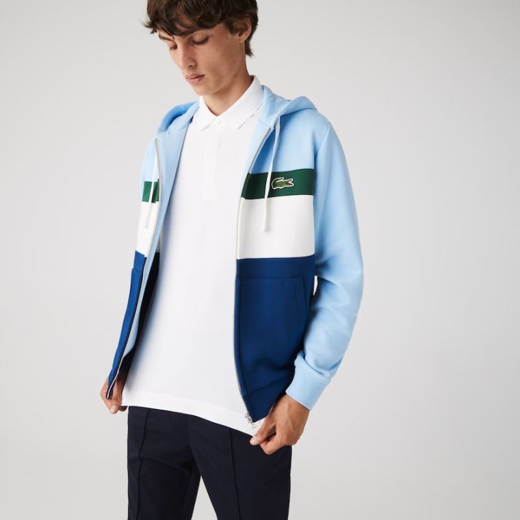 Lacoste Colorblock Fleece Zippered Hette Sweatshirt Blå Hvite Grønn Blå | btk8NB9c