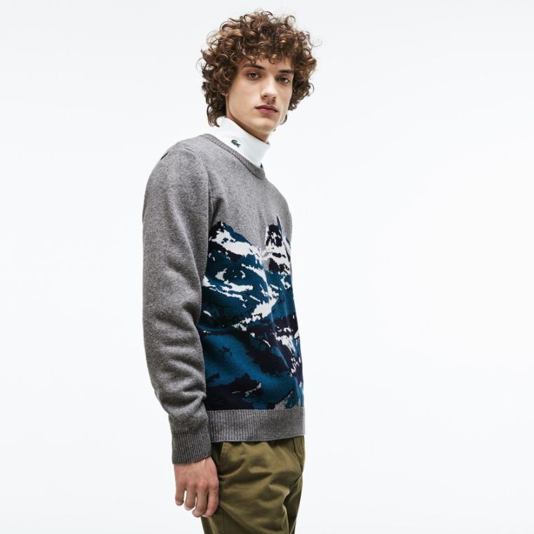 Lacoste Crew Neck Alpine Print Wool And Bomull Jacquard Genser Grå Grønn Blå Hvite | Dh4XUDcp