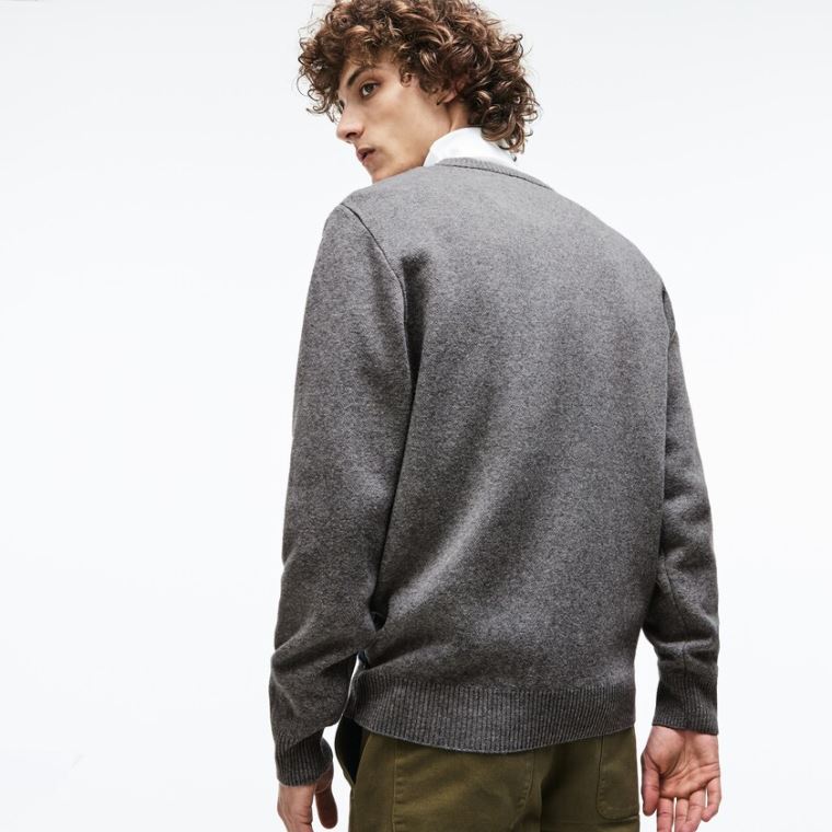 Lacoste Crew Neck Alpine Print Wool And Bomull Jacquard Genser Grå Grønn Blå Hvite | Dh4XUDcp