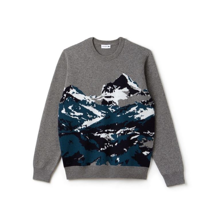 Lacoste Crew Neck Alpine Print Wool And Bomull Jacquard Genser Grå Grønn Blå Hvite | Dh4XUDcp