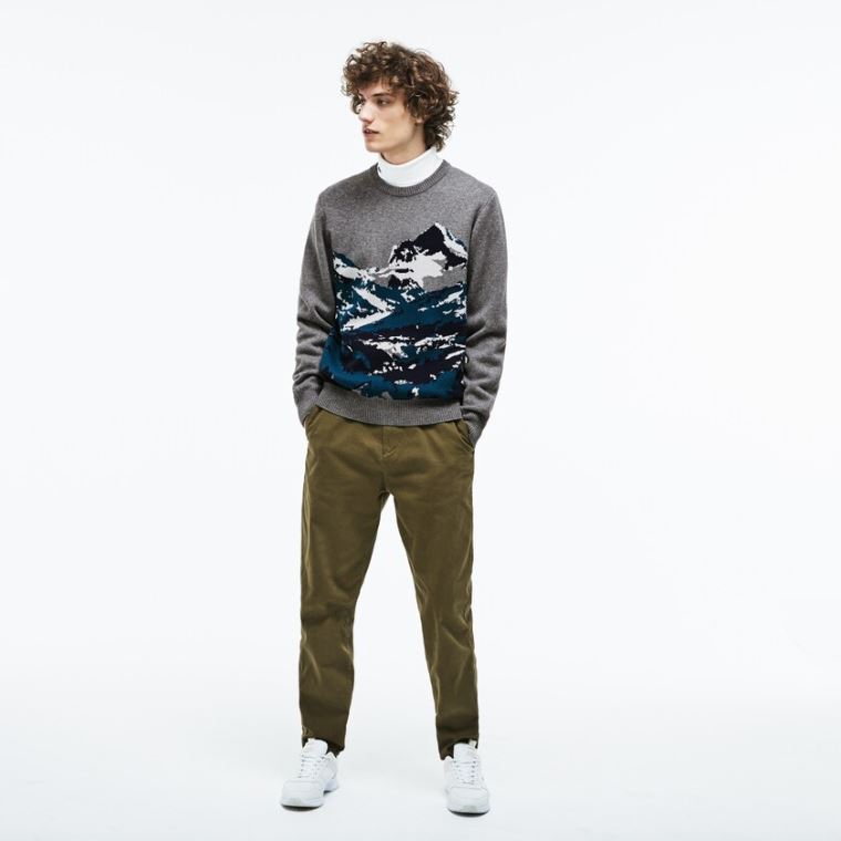 Lacoste Crew Neck Alpine Print Wool And Bomull Jacquard Genser Grå Grønn Blå Hvite | Dh4XUDcp