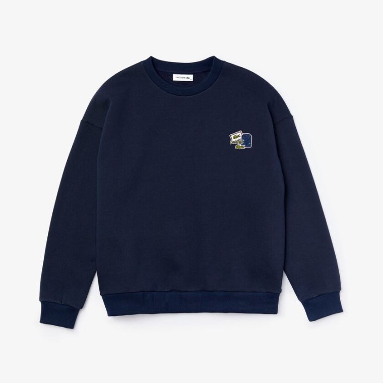 Lacoste Crew Neck Badge Fleece Sweatshirt Marineblå Blå | 8MvXEpsX