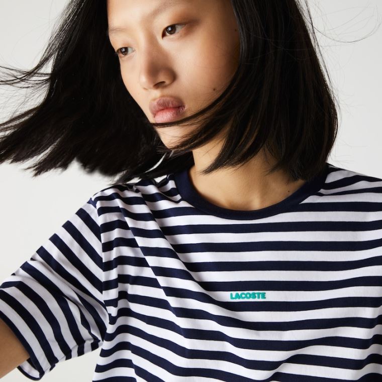 Lacoste Crew Neck Branded Striped Bomull T-shirt Marineblå Blå Hvite | S8DuiTQU