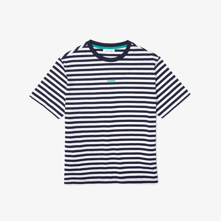 Lacoste Crew Neck Branded Striped Bomull T-shirt Marineblå Blå Hvite | S8DuiTQU