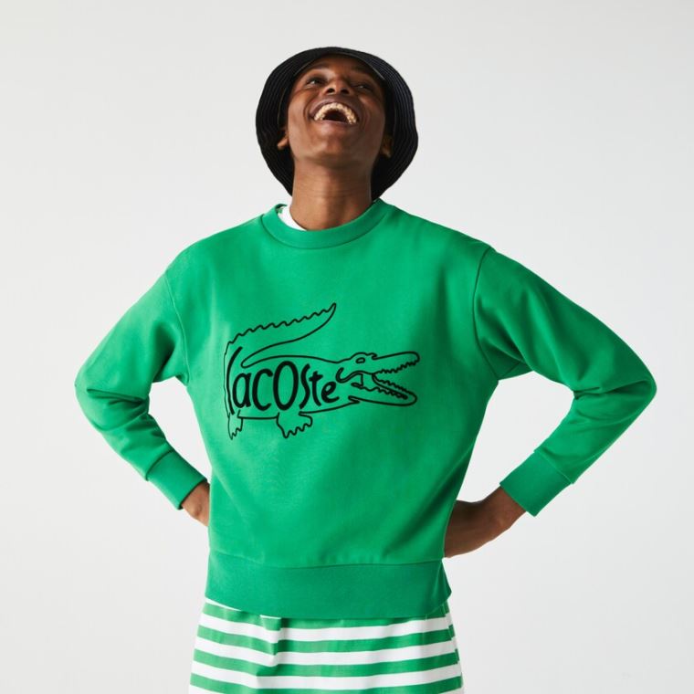 Lacoste Crew Neck Crocodile Print Bomull Fleece Sweatshirt Grønn | ni4VmPll