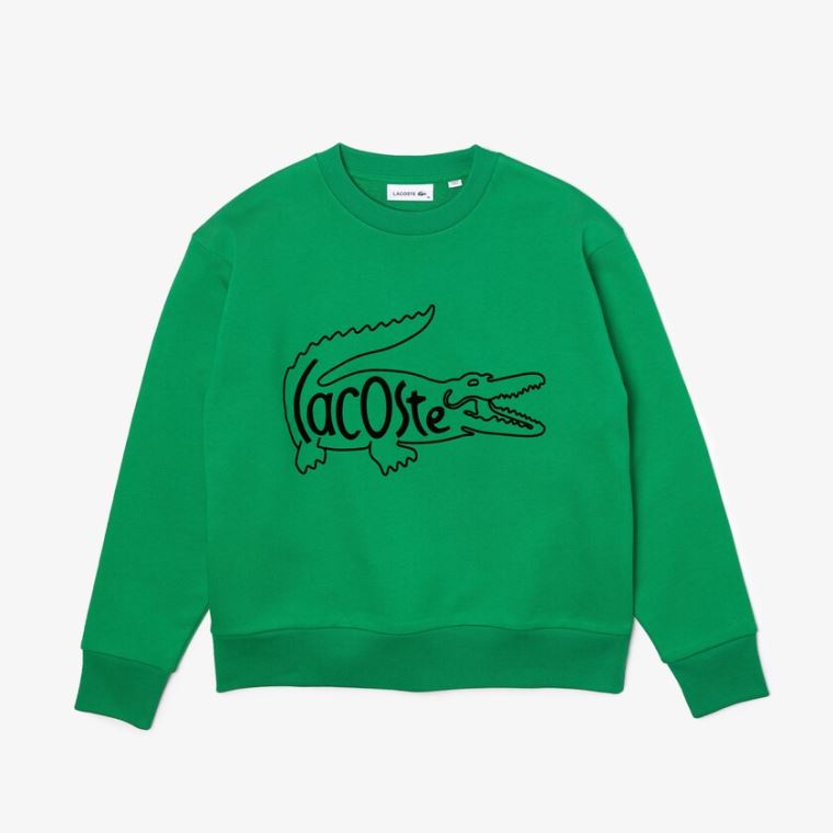 Lacoste Crew Neck Crocodile Print Bomull Fleece Sweatshirt Grønn | ni4VmPll