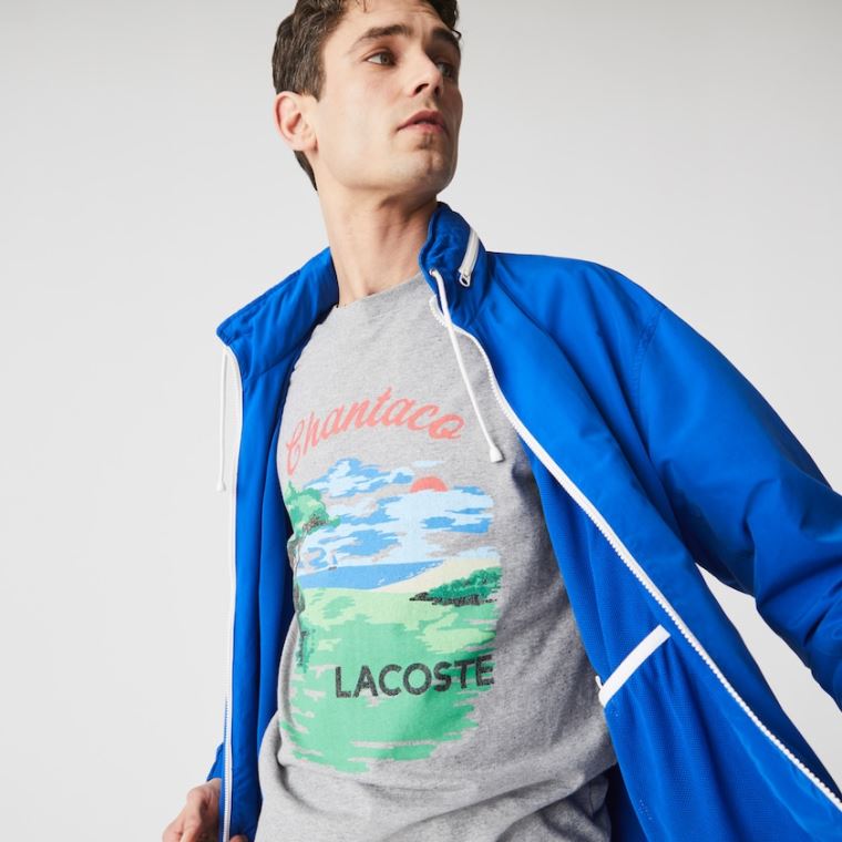 Lacoste Crew Neck Landscape Print Bomull T-shirt Grå Rød | 7QadsgFu