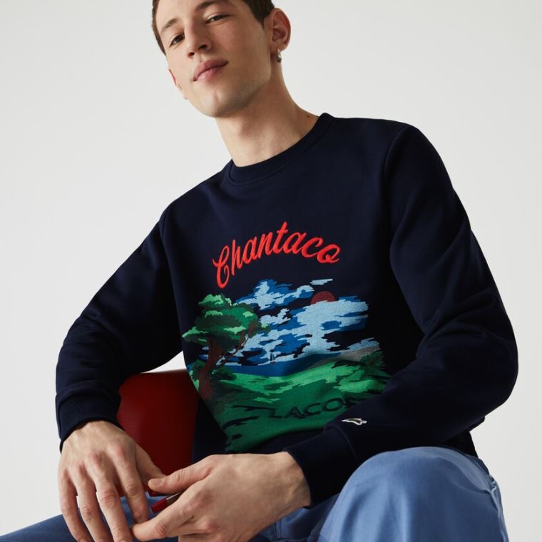 Lacoste Crew Neck Landscape Print Fleece Sweatshirt Marineblå Blå Rød | PUDpIqjl